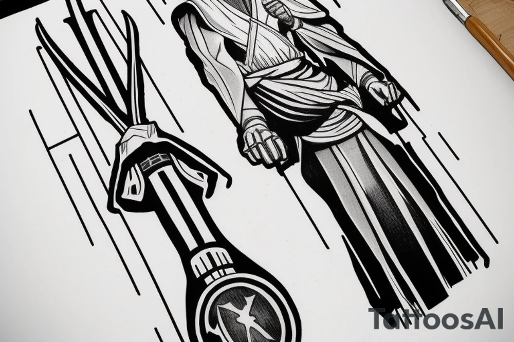 Clone Wars series style Obi Wan Kenobi
American traditional. Lightsaber tattoo idea