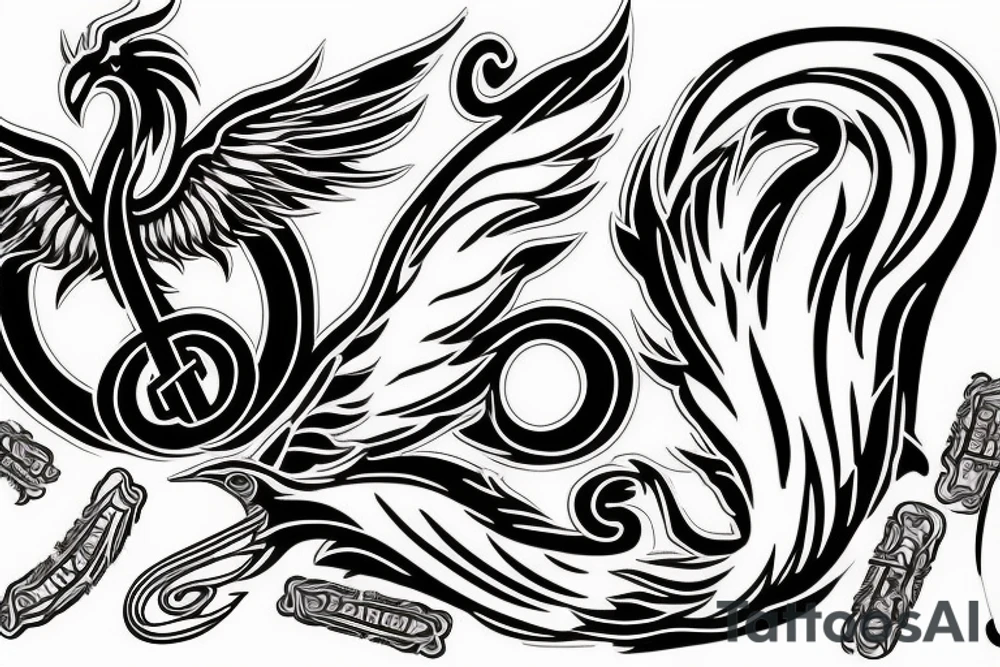 A phoenix catching fire with bass clef, treble clef, and various notes in the background tattoo idea
