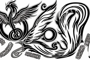 A phoenix catching fire with bass clef, treble clef, and various notes in the background tattoo idea