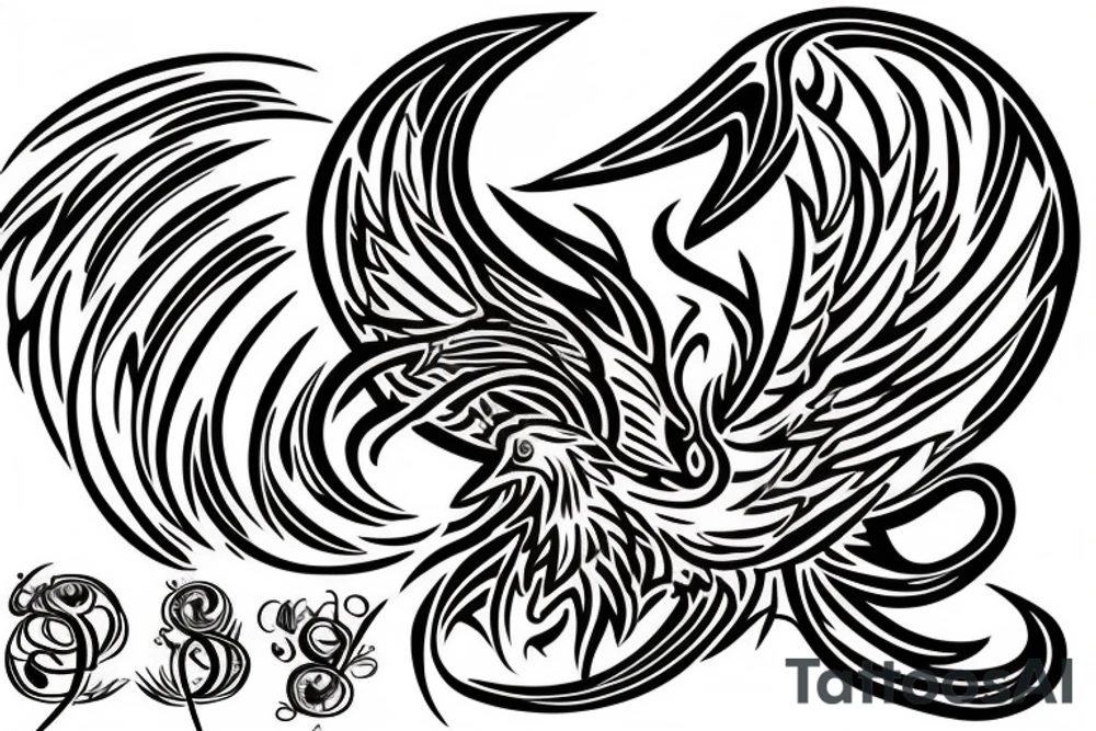 A phoenix catching fire with bass clef, treble clef, and various notes in the background tattoo idea