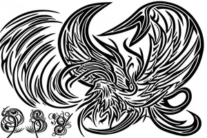 A phoenix catching fire with bass clef, treble clef, and various notes in the background tattoo idea