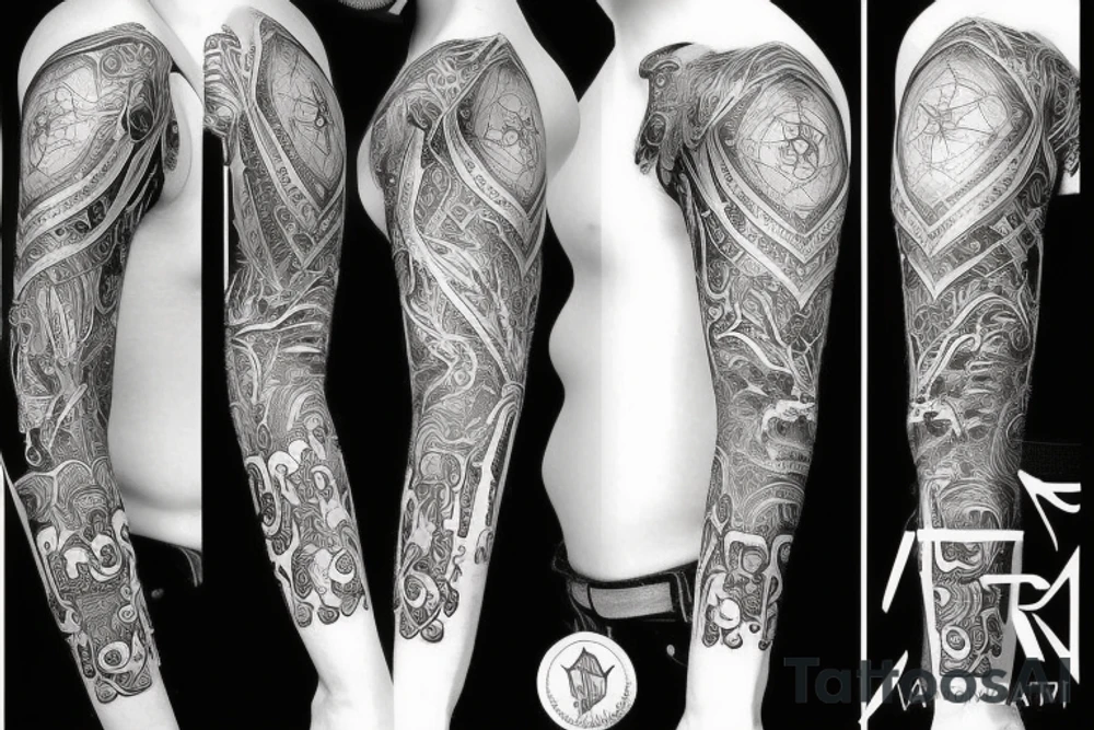 illustrative mystical medieval collage sleeve tattoo idea