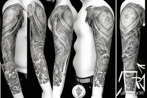 illustrative mystical medieval collage sleeve tattoo idea