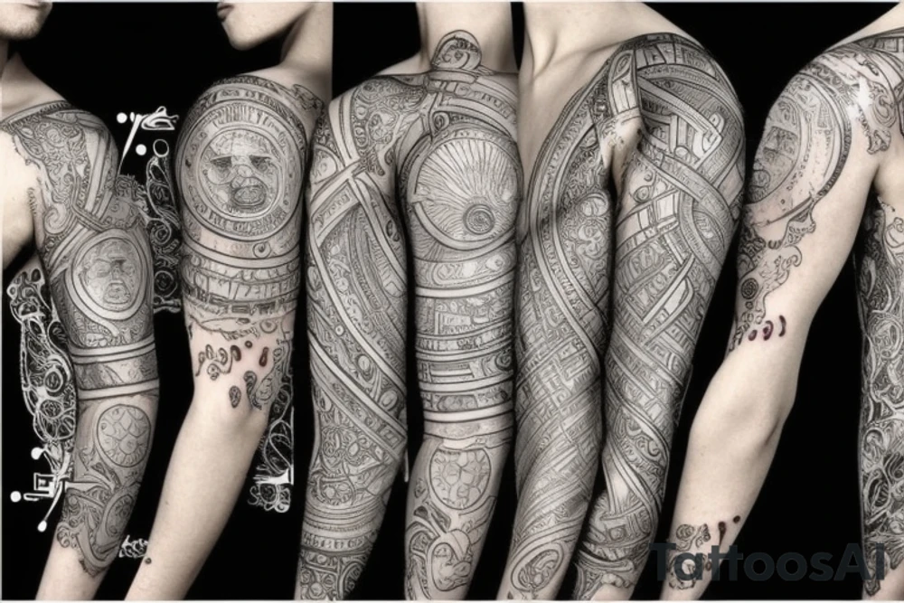 illustrative mystical medieval collage sleeve tattoo idea