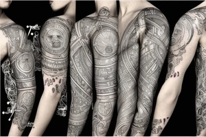 illustrative mystical medieval collage sleeve tattoo idea