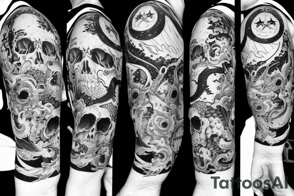 sleeve with dragon, moon, sun, and stars and animal skulls tattoo idea