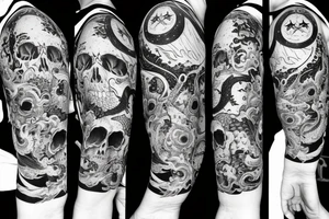 sleeve with dragon, moon, sun, and stars and animal skulls tattoo idea
