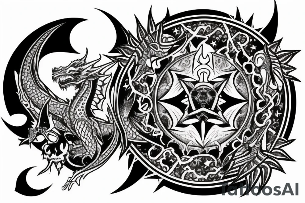 sleeve with dragon, moon, sun, and stars and animal skulls tattoo idea