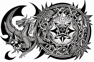 sleeve with dragon, moon, sun, and stars and animal skulls tattoo idea