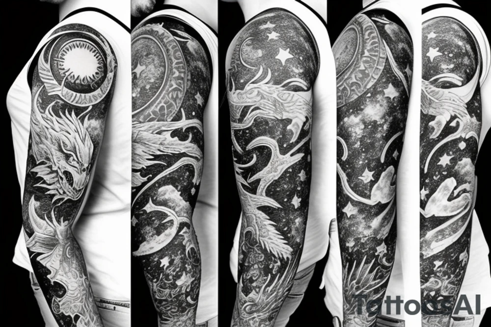 sleeve with dragon, moon, sun, and stars tattoo idea sleeve with dragon, moon, sun, and stars tattoo idea