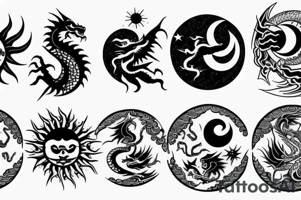 sleeve with dragon, moon, sun, and stars tattoo idea
