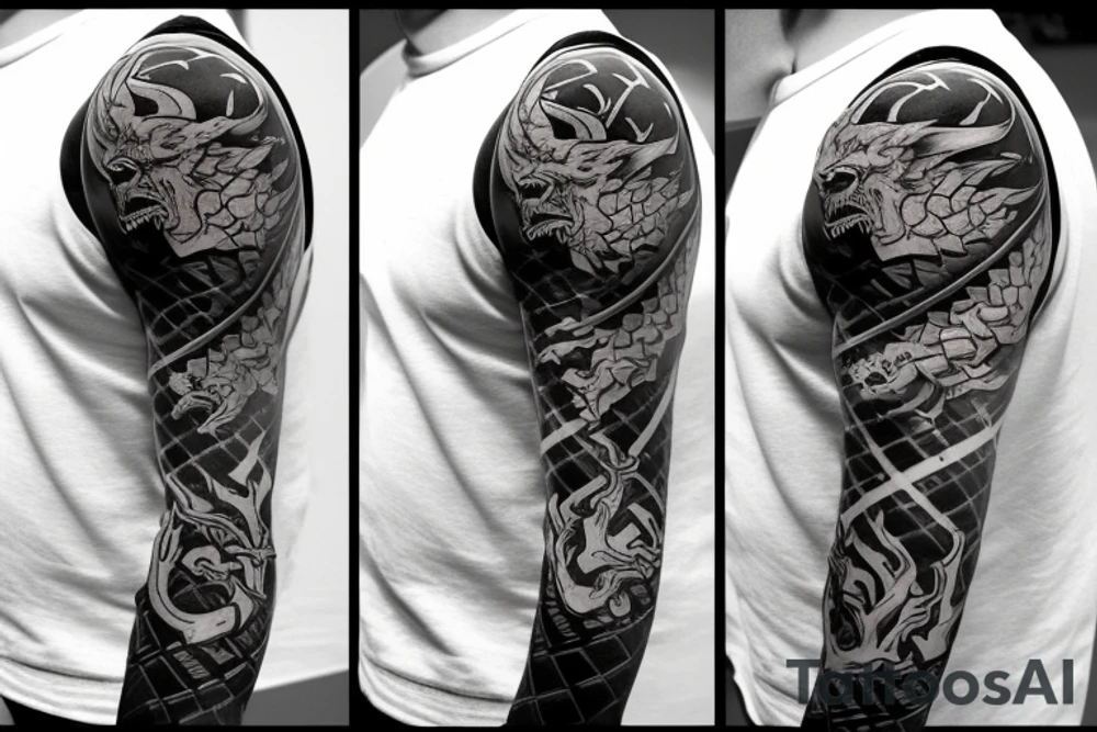 Game of thrones theme, mixed with Zelda and Pokemon in an arm sleeve with dragon. tattoo idea