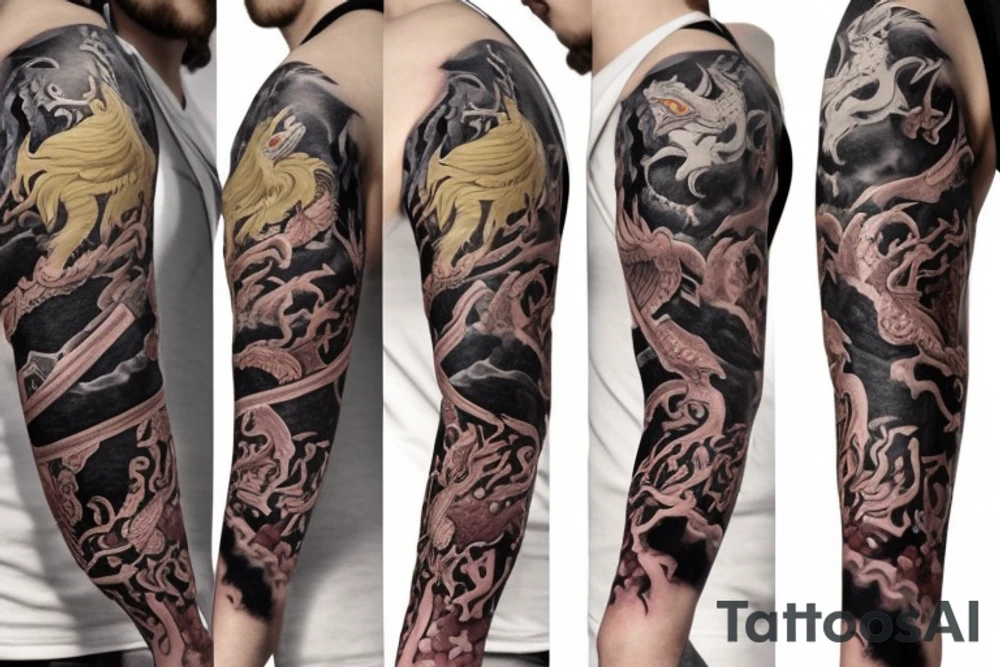 Game of thrones theme, mixed with Zelda and Pokemon in an arm sleeve with dragon. tattoo idea