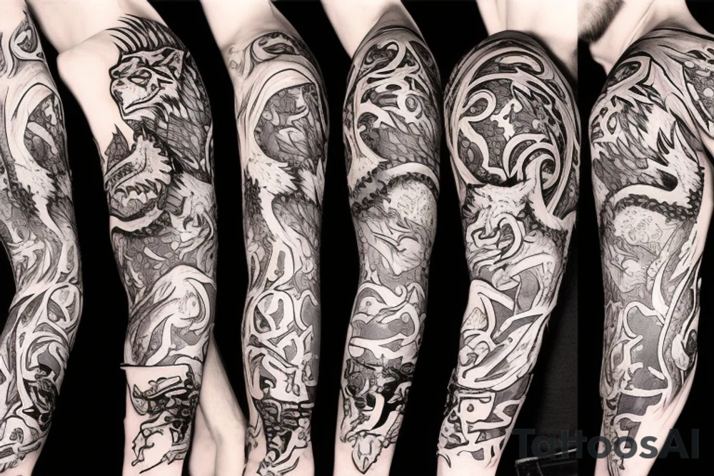 Game of thrones theme, mixed with Zelda and Pokemon in an arm sleeve with dragon. tattoo idea