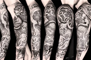 Game of thrones theme, mixed with Zelda and Pokemon in an arm sleeve with dragon. tattoo idea