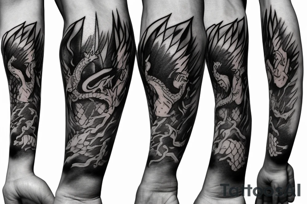 Game of thrones theme, mixed with Zelda and Pokemon in an arm sleeve with dragon. tattoo idea