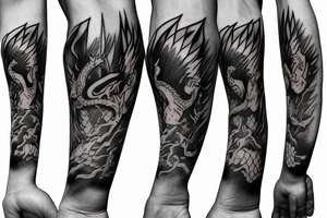 Game of thrones theme, mixed with Zelda and Pokemon in an arm sleeve with dragon. tattoo idea