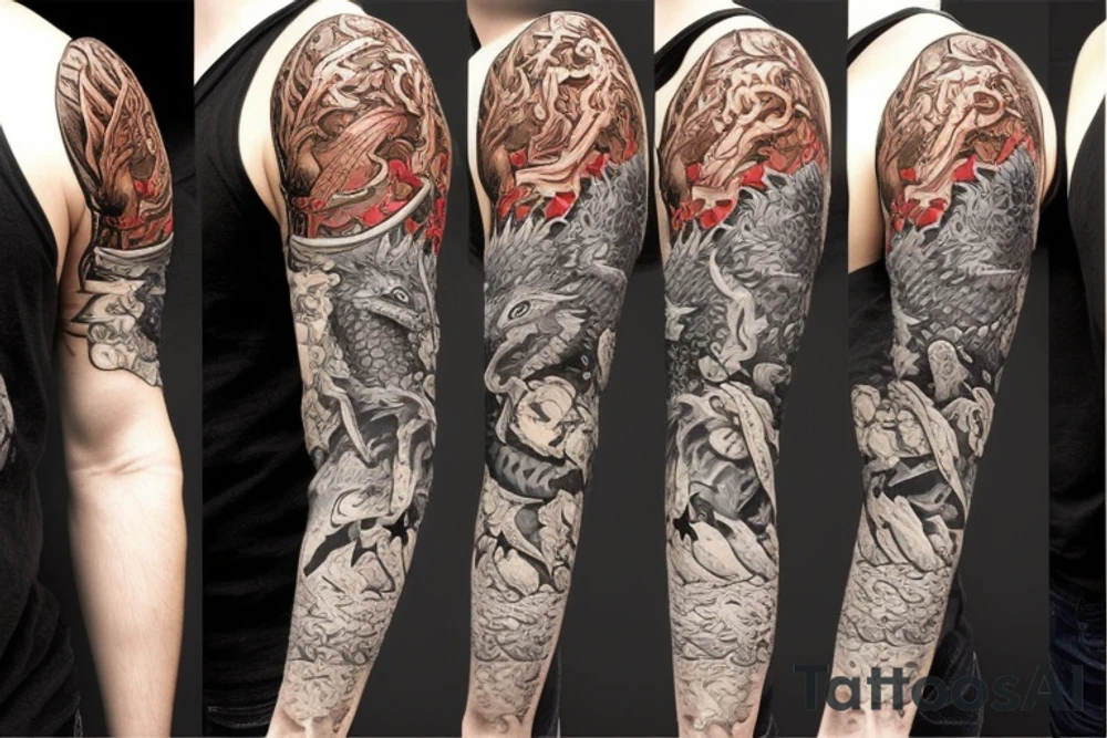 Game of thrones theme, mixed with Zelda and Pokemon in an arm sleeve with dragon. tattoo idea