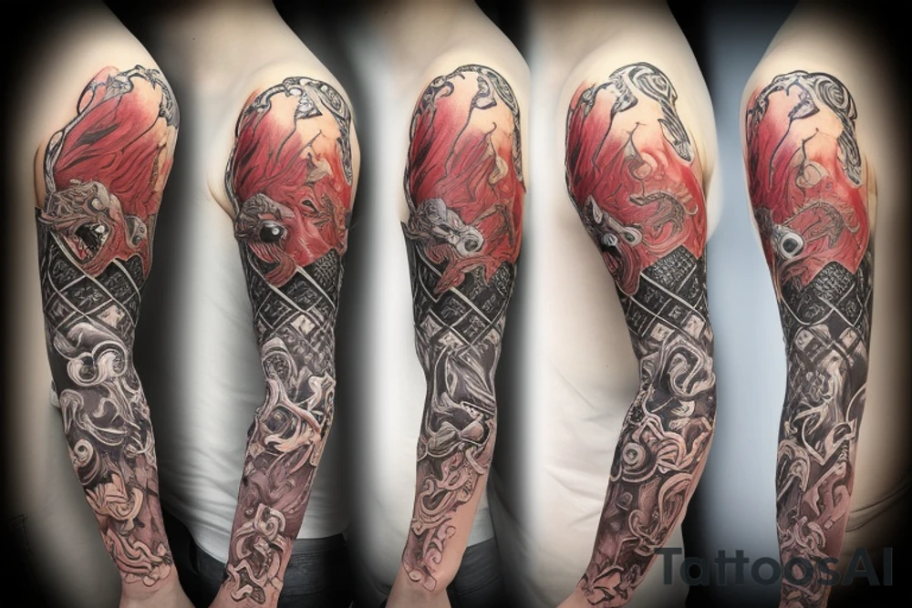 Game of thrones theme, mixed with Zelda and Pokemon in an arm sleeve with dragon. tattoo idea