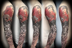 Game of thrones theme, mixed with Zelda and Pokemon in an arm sleeve with dragon. tattoo idea