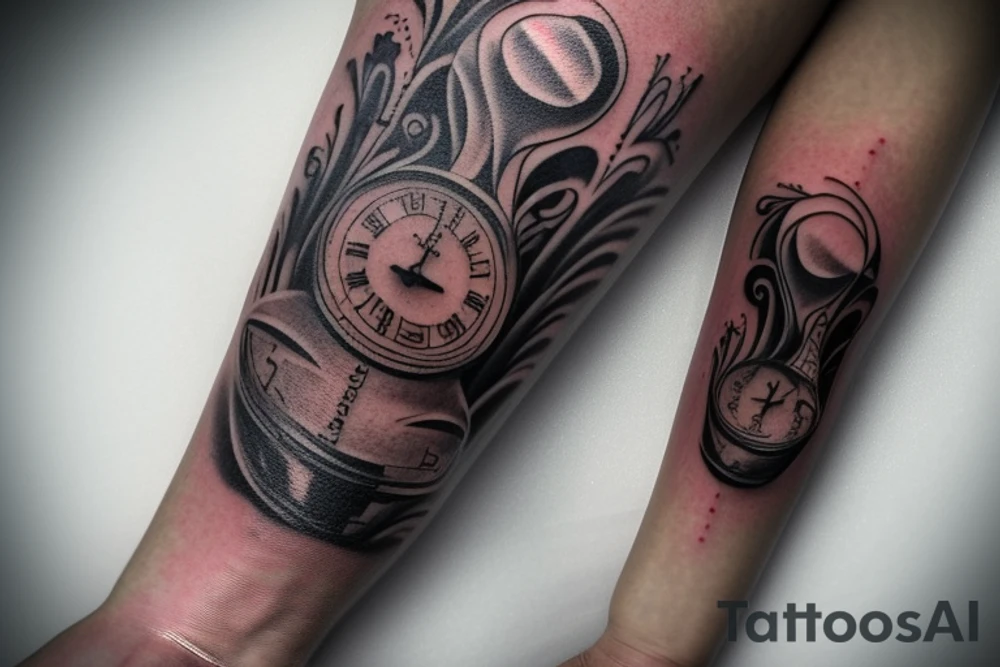 Imagine a tattoo that captures the essence of time slipping away, but also celebrates the things we hold dear. The centerpiece is an hourglass, with the upper half shaped like a flight helmet, symbolizing the fleeting nature of time in the air. The lower half depicts a family reaching upwards, representing our desire to make the most of the time we have with loved ones. In the sand, the years 2017 and 2022 mark deployment dates, while the birthdays of children are immortalized in elegant Roman numerals. tattoo idea