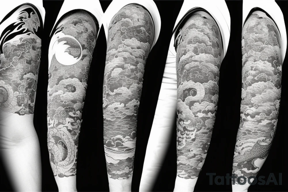 sleeve with spirited away dragon, sun, moon, and stars tattoo idea