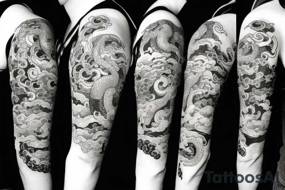 sleeve with spirited away dragon, sun, moon, and stars tattoo idea