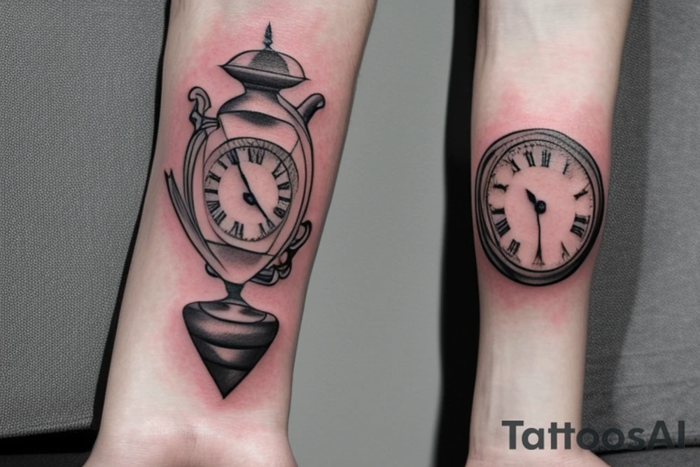 Imagine a tattoo that captures the essence of time slipping away, but also celebrates the things we hold dear. The centerpiece is an hourglass, with the upper half shaped like a flight helmet, symbolizing the fleeting nature of time in the air. The lower half depicts a family reaching upwards, representing our desire to make the most of the time we have with loved ones. In the sand, the years 2017 and 2022 mark deployment dates, while the birthdays of children are immortalized in elegant Roman numerals. tattoo idea