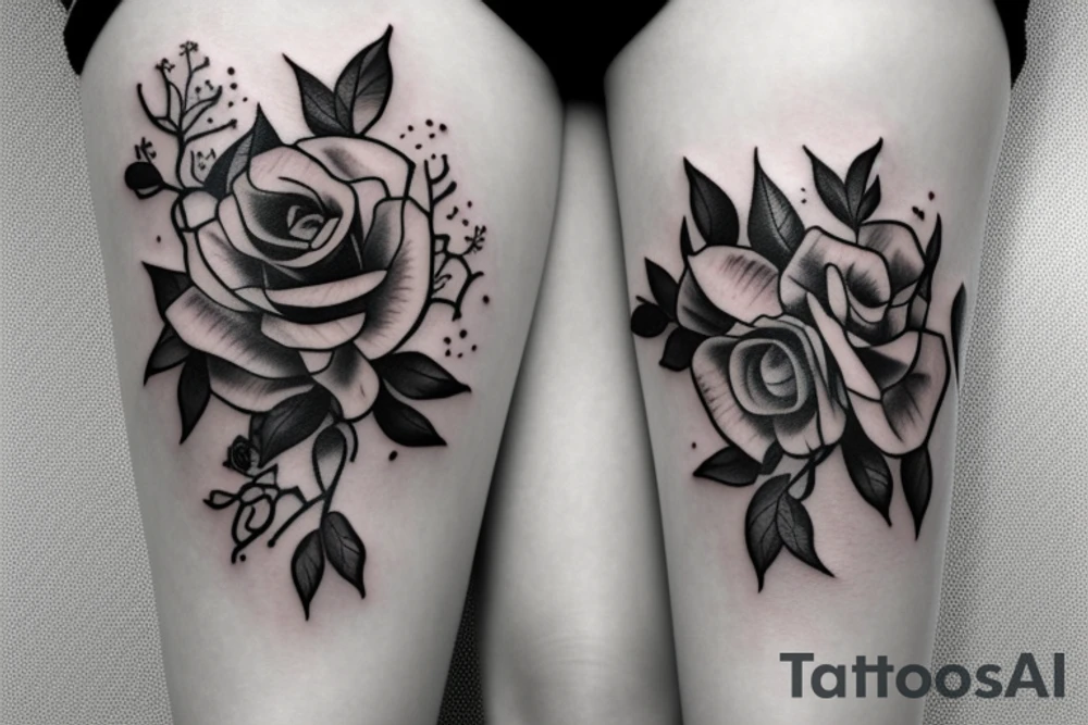 Simple female form incorporated into floral design with violets and roses tattoo idea