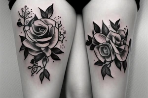 Simple female form incorporated into floral design with violets and roses tattoo idea