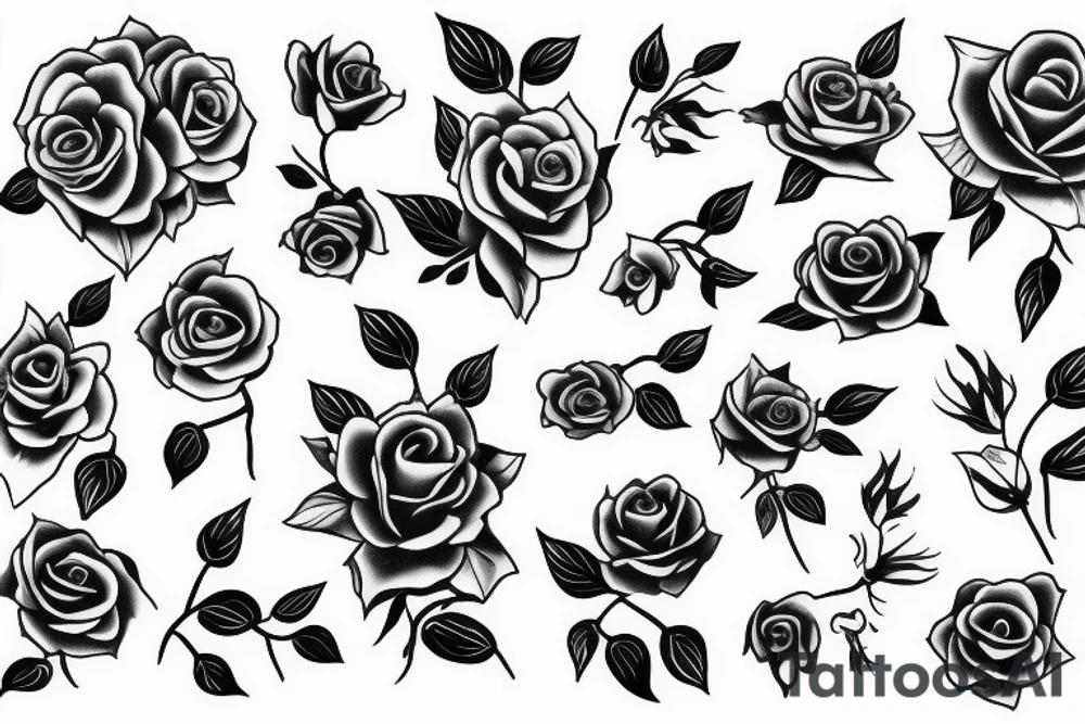 Simple female form incorporated into floral design with violets and roses tattoo idea