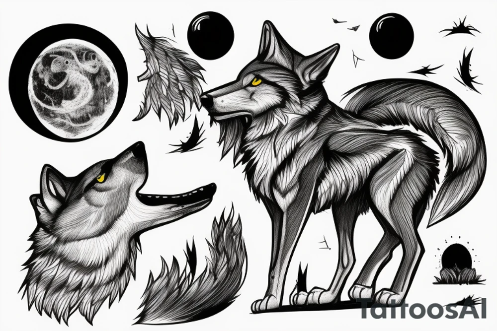 Lone Wolf on rock howling to moon with other wolves looking up at him tattoo idea