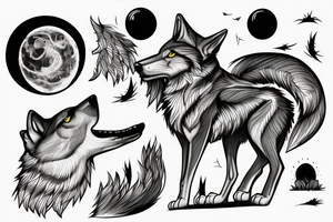 Lone Wolf on rock howling to moon with other wolves looking up at him tattoo idea