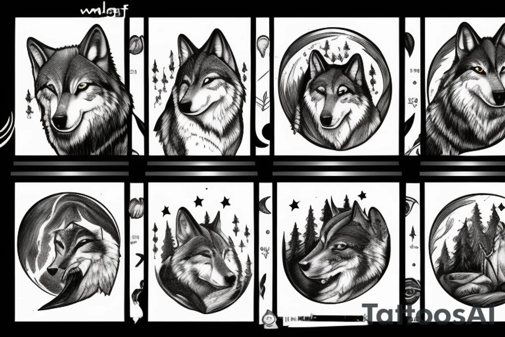 Wolf on rock howling to moon with other wolves looking up at him tattoo idea