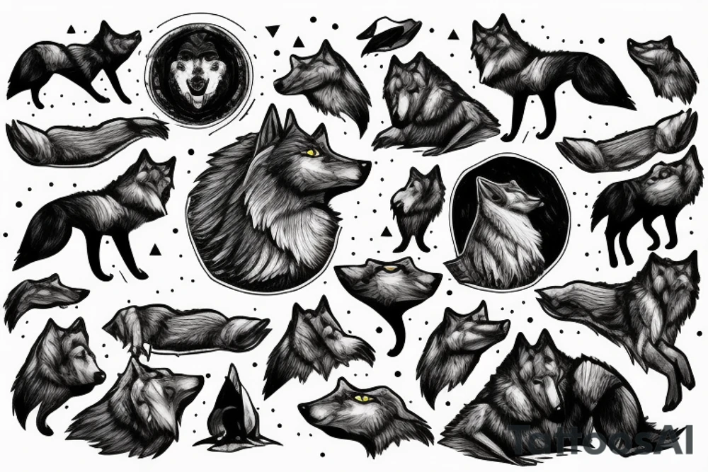 Wolf on rock howling to moon with other wolves looking up at him tattoo idea