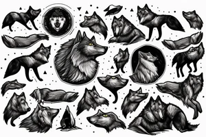 Wolf on rock howling to moon with other wolves looking up at him tattoo idea
