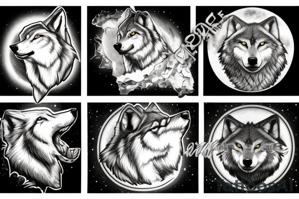 Wolf on a rock howling to moon with other wolves looking up at him tattoo idea