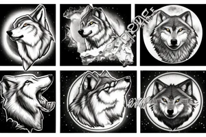 Wolf on a rock howling to moon with other wolves looking up at him tattoo idea