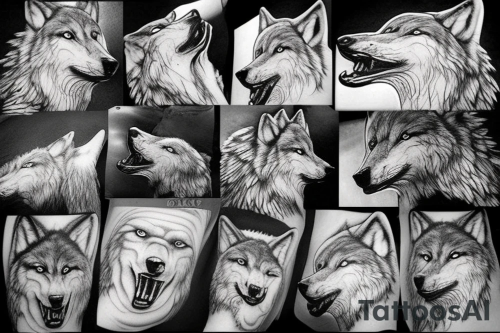 Wolf on a rock howling to moon with other wolves looking up at him tattoo idea