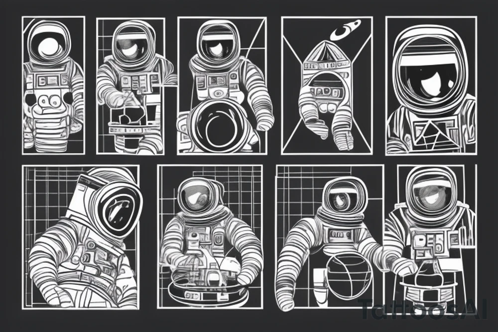 An astronaut inside of a geometric form. he looks directly at you. it should be in black-white with red tones tattoo idea