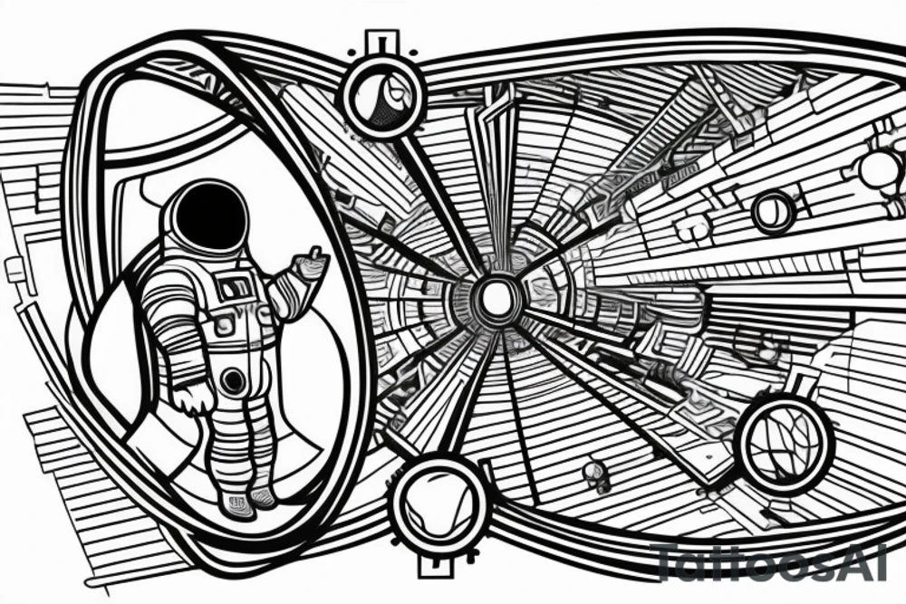 An astronaut inside of a geometric form. he looks directly at you. it should be in black-white with red tones tattoo idea