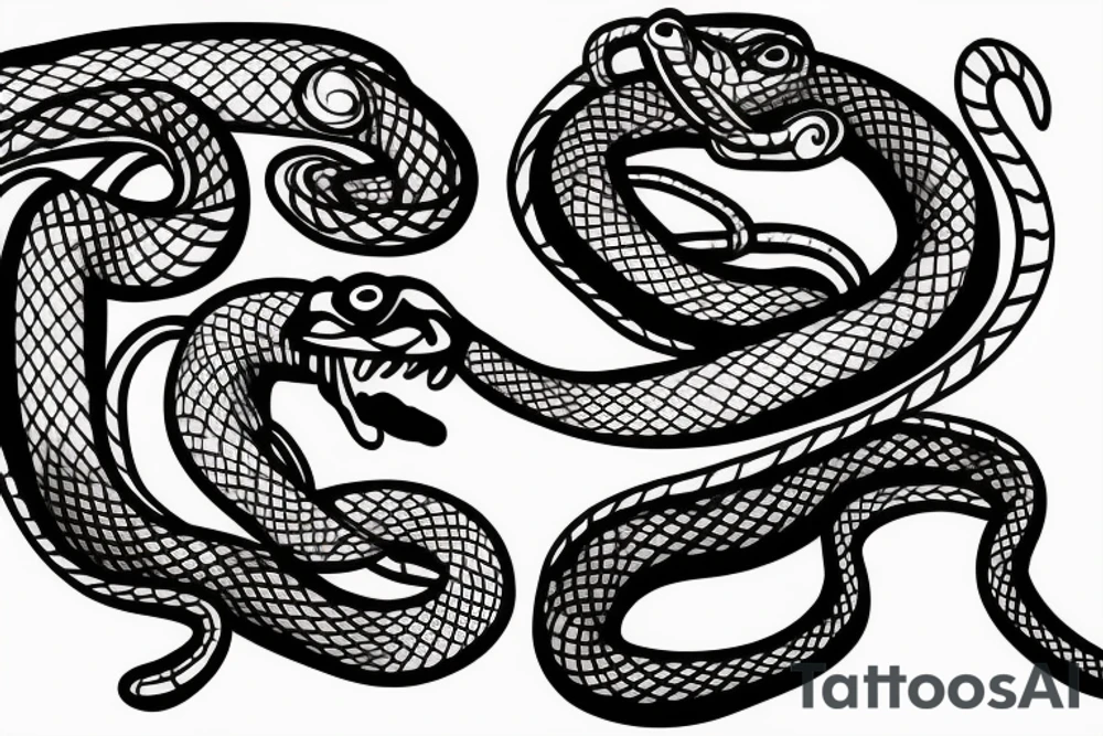 A dog plays with two snakes tattoo idea