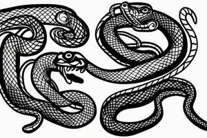A dog plays with two snakes tattoo idea