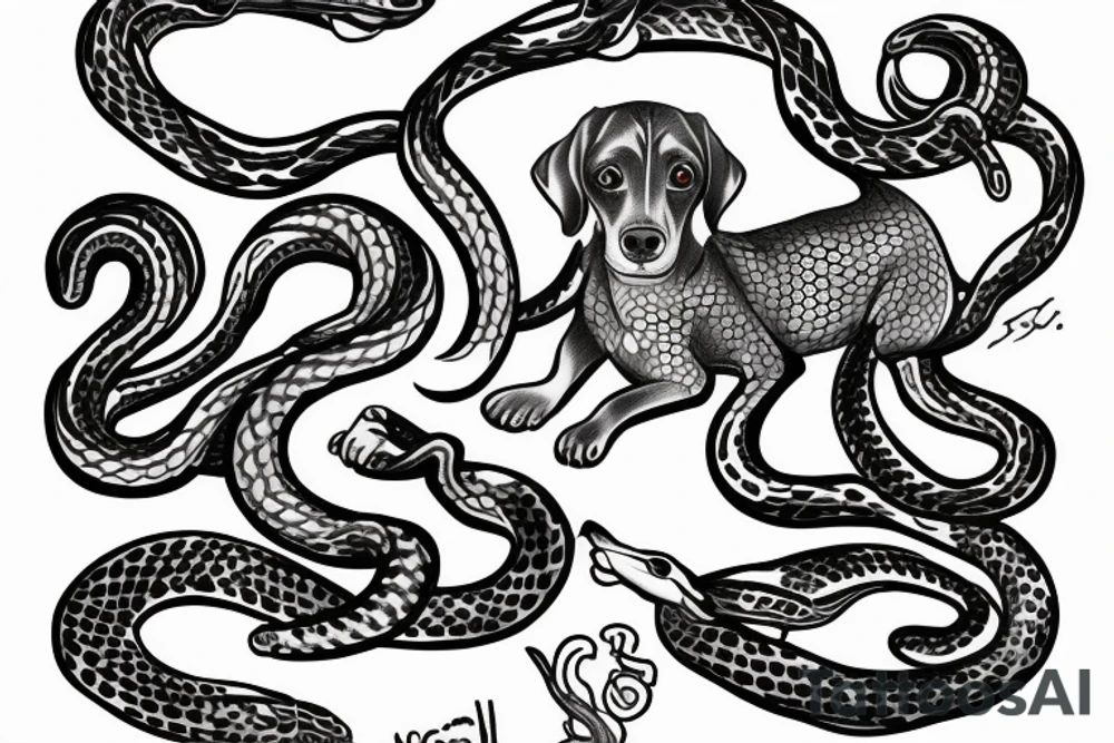 A dog plays with two snakes tattoo idea