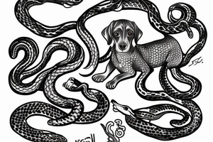 A dog plays with two snakes tattoo idea