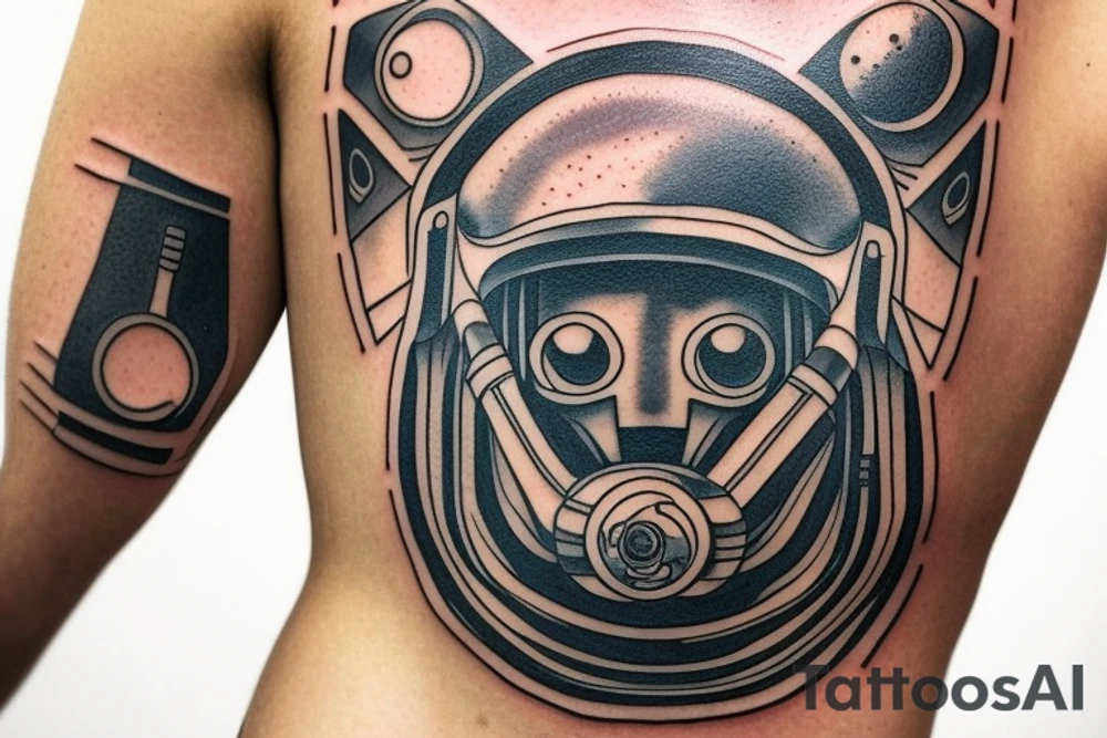 An astronaut helmet inside of a geometric form. he looks directly at you. there is an alien landscape around tattoo idea