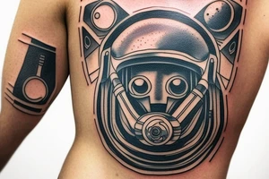 An astronaut helmet inside of a geometric form. he looks directly at you. there is an alien landscape around tattoo idea