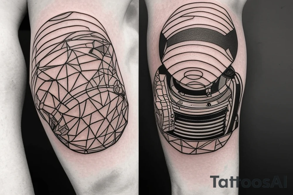 An astronaut helmet inside of a geometric form. he looks directly at you. there is an alien landscape around tattoo idea