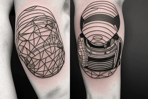An astronaut helmet inside of a geometric form. he looks directly at you. there is an alien landscape around tattoo idea