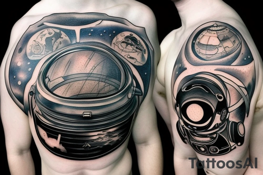 An astronaut helmet. it looks directly at you. there is an alien landscape around tattoo idea
